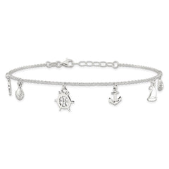 Sterling Silver Ocean Theme Charms 10 inch Plus 1 inch Extender - Total 11 inch Anklet