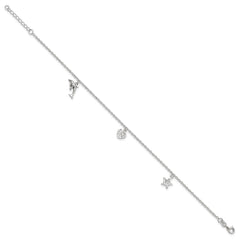Sterling Silver Heart/Star/Dolphin Charms 9 inch Plus 1 inch Extender - Total 10 inch Anklet