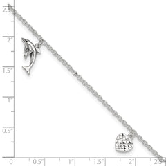 Sterling Silver Heart/Star/Dolphin Charms 9 inch Plus 1 inch Extender - Total 10 inch Anklet