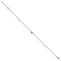 Sterling Silver Rhodium-plated CZ Heart 9 inch Plus 1 inch Extender - Total 10 inch Anklet