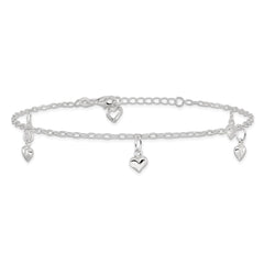 Sterling Silver Puffed Heart Charms 9 inch Plus 1 inch Extender - Total 10 inch Anklet - 2