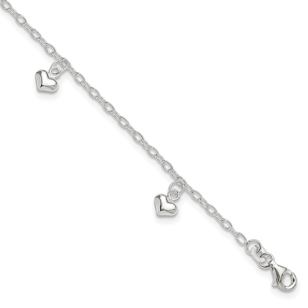Sterling Silver Puffed Heart Charms 9 inch Plus 1 inch Extender - Total 10 inch Anklet - 2