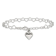 Sterling Silver Puffed Heart Dangle 10 inch Plus 1 inch Extender - Total 11 inch Anklet