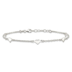 Sterling Silver Hearts 5-Station 9 inch Plus 1 inch Extender - Total 10 inch Anklet