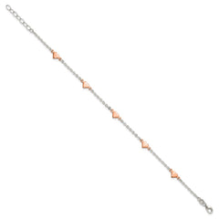 Sterling Silver Rose-tone Hearts 5-Station 9 inch Plus 1 inch Extender Anklet - Total 10 inch Anklet