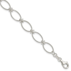 Sterling Silver Polished Textured Fancy Oval Link Bracelet