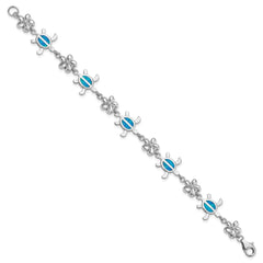 Sterling Silver Rhodium-plated Polished 7 inch Created Blue Opal Tortoise with Flower Bracelet