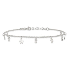 Sterling Silver Star and Moon 9 inch Plus 1 inch Extender - Total 10 inch Anklet