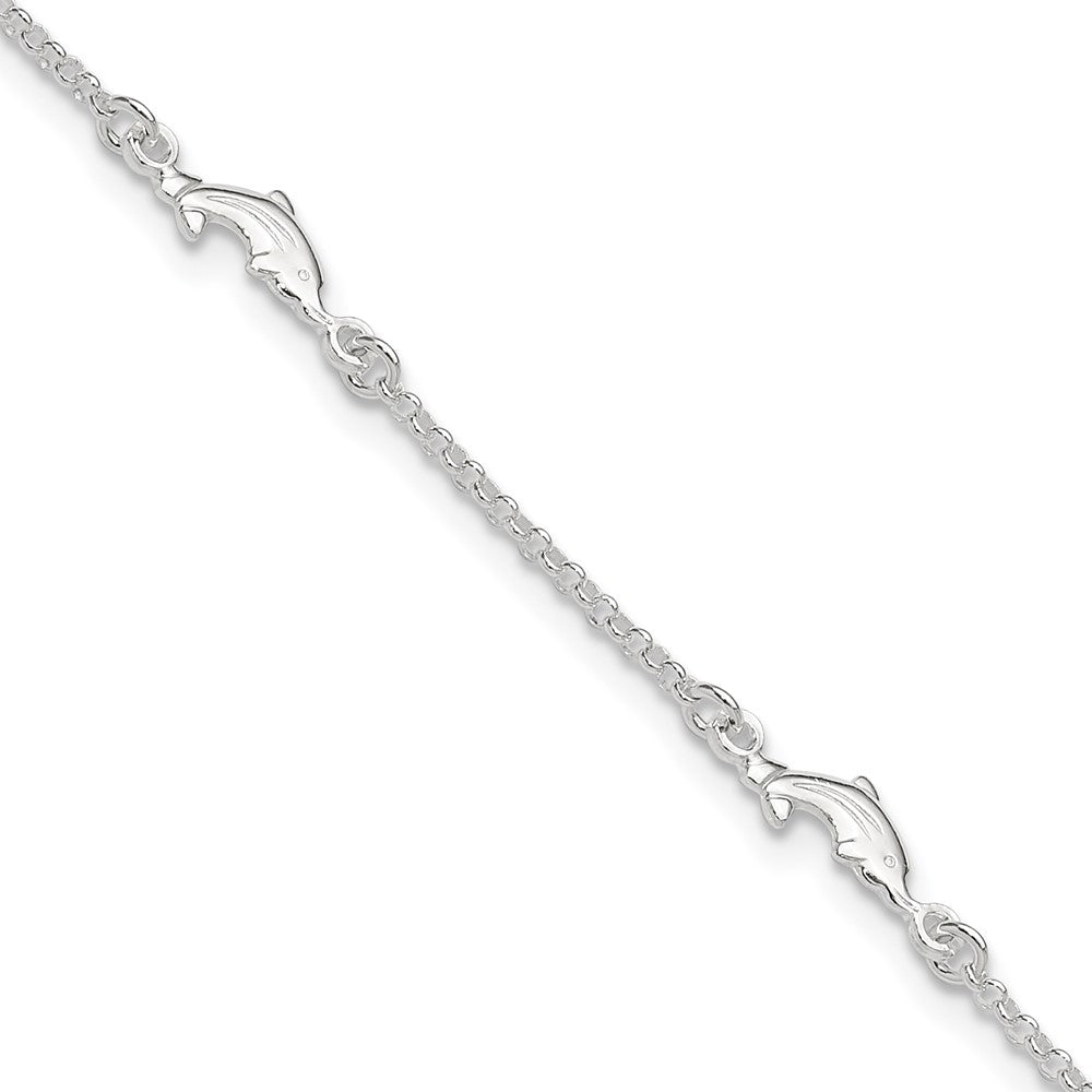 Sterling Silver Dolphin 5-Station 9 inch Plus 1 inch Extender - Total 10 inch Anklet - 2