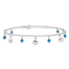 Sterling Silver Shells and Aqua Beads 9 inch Plus 1 inch Extender - Total 10 inch Anklet