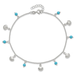 Sterling Silver Polished Shells and Turquoise Beads 9in Plus 1in ext. Ankle