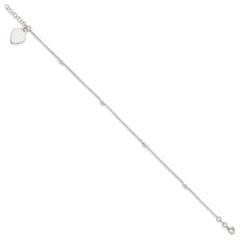 Sterling Silver Engravable Heart with Beads 9 inch Plus 1 inch Extender - Total 10 inch Anklet