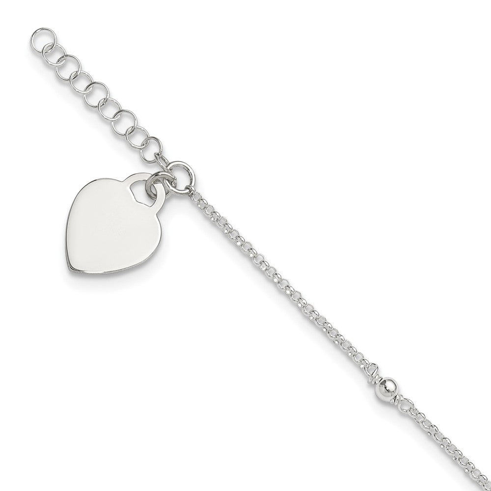 Sterling Silver Engravable Heart with Beads 9 inch Plus 1 inch Extender - Total 10 inch Anklet