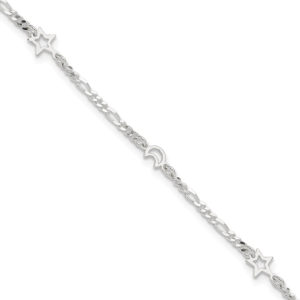 Sterling Silver Moon and Star 10 inch Plus 1 inch Extender - Total 11 inch Anklet