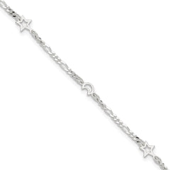 Sterling Silver Moon and Star 10 inch Plus 1 inch Extender - Total 11 inch Anklet