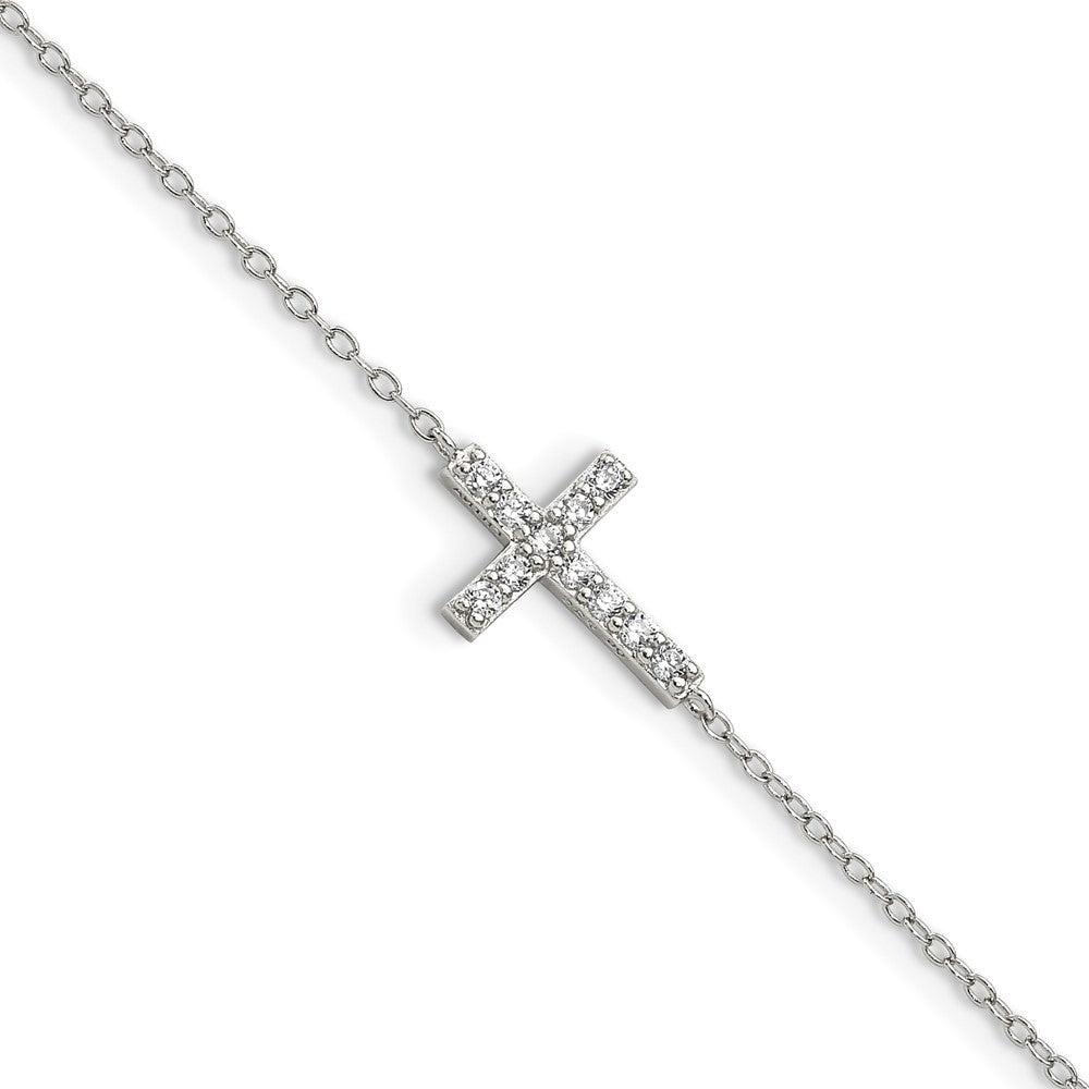 Sterling Silver Rhodium-plated CZ Sideways Cross w/1in Ext Bracelet - 3