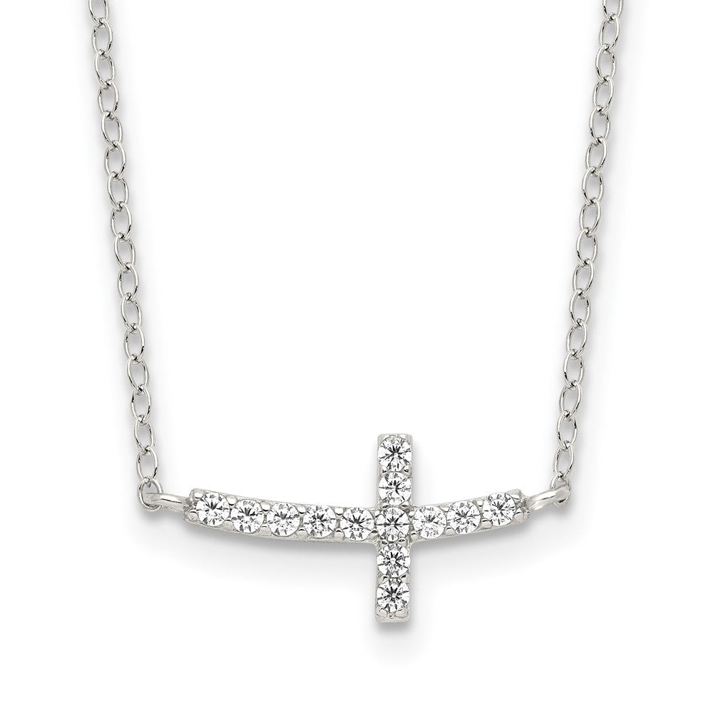Sterling Silver Rhodium-plated CZ Sideways Cross w/2in Ext Necklace - 5