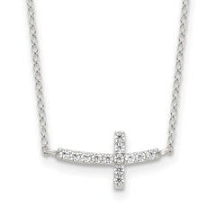 Sterling Silver Rhodium-plated CZ Sideways Cross w/2in Ext Necklace - 5