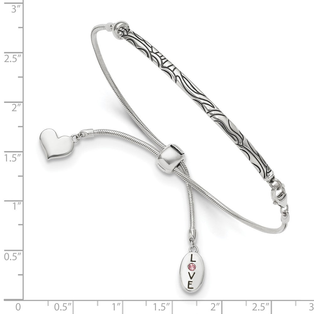 Sterling Silver Antiqued Reflections Crystal Love Heart Adjust Bracelet