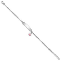 Sterling Silver Rhodium-plated Polished & Pink Enameled Crown with 1 Inch Extension Children's ID Bracelet