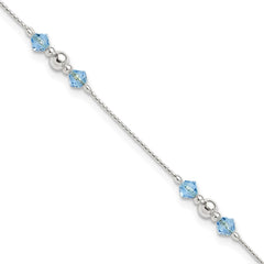 Sterling Silver Bead and Blue CZ 9 inch Plus 1 inch Extender - Total 10 inch Anklet