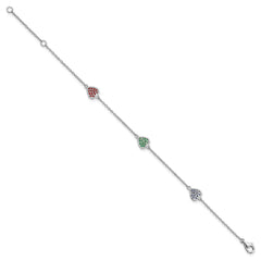 Sterling Silver Rhodium-plated Red, Green and Blue Glass Hearts with 1 Inch Extension Bracelet