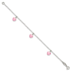 Sterling Silver Polished Pink Enameled Hearts Children's Bracelet