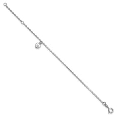 Sterling Silver RH-plated Polished CZ Heart w/ 1in ext. Children's Bracelet