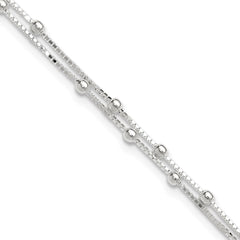 Sterling Silver Beaded 2-strand 9 inch Plus 1 inch Extender - Total 10 inch Anklet