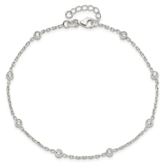 Sterling Silver Bezel CZ 8-Station 8.75 inch Plus 1 inch extender - Total 9.75 inch Anklet