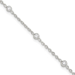 Sterling Silver Rhodium-plated Bezel CZ 8-Station 10 inch Plus 1 inch extender - Total 11 inch Anklet