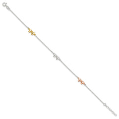 Sterling Silver Yellow and Rose-tone Bows 9in Plus 1in Ext.  Anklet