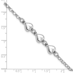 Sterling Silver Rhodium Plated Polished Triple Heart Charm Bracelet
