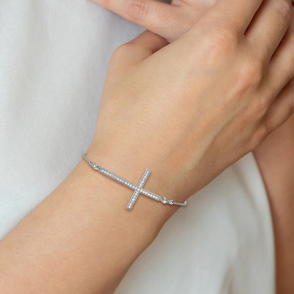 Sterling Silver Rhodium-plated CZ Polished Adjustable Cross Bracelet