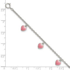 Sterling Silver Rhod-pltd Childs Enamel Hearts 5.5in w/.5in ext Bracelet