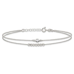 Sterling Silver 2-Strand Beaded CZ 9 inch Plus 1 inch Extender - Total 10 inch Anklet