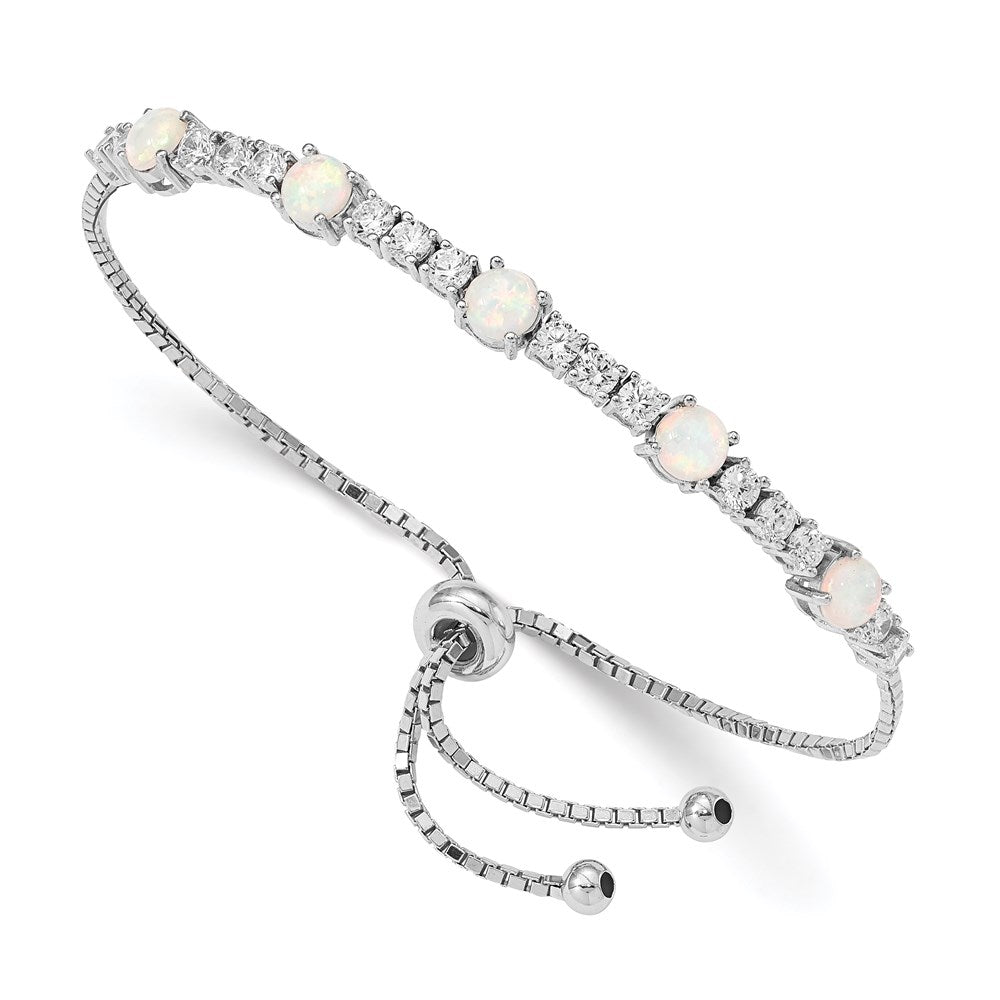 Sterling Silver RH-plated Created Opal and CZ Adjustable Bracelet - 2