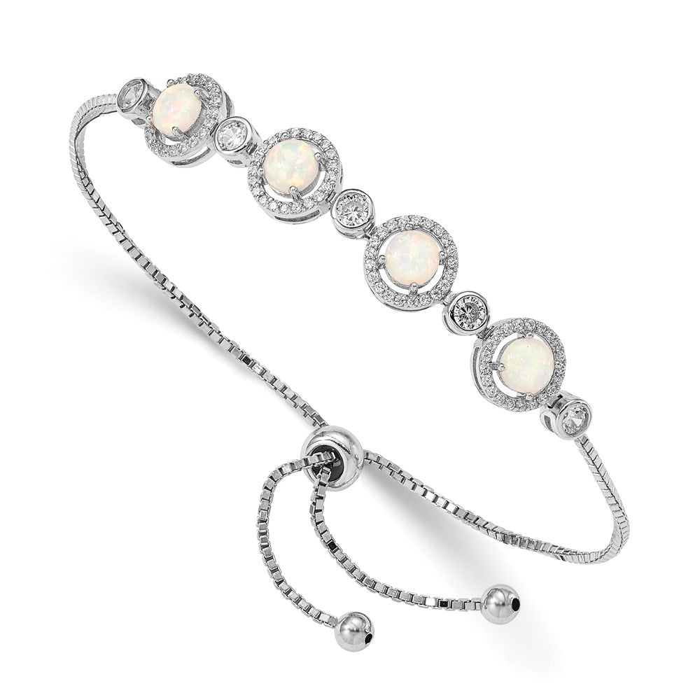 Sterling Silver RH-plated Created Opal and CZ Adjustable Bracelet - 3