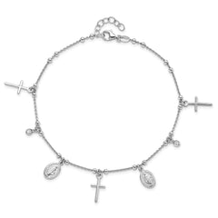 Sterling Silver Rhodium-plated CZ/Cross/Miraculous Medal 9 inch Plus 1 inch Extender - Total 10 inch Anklet