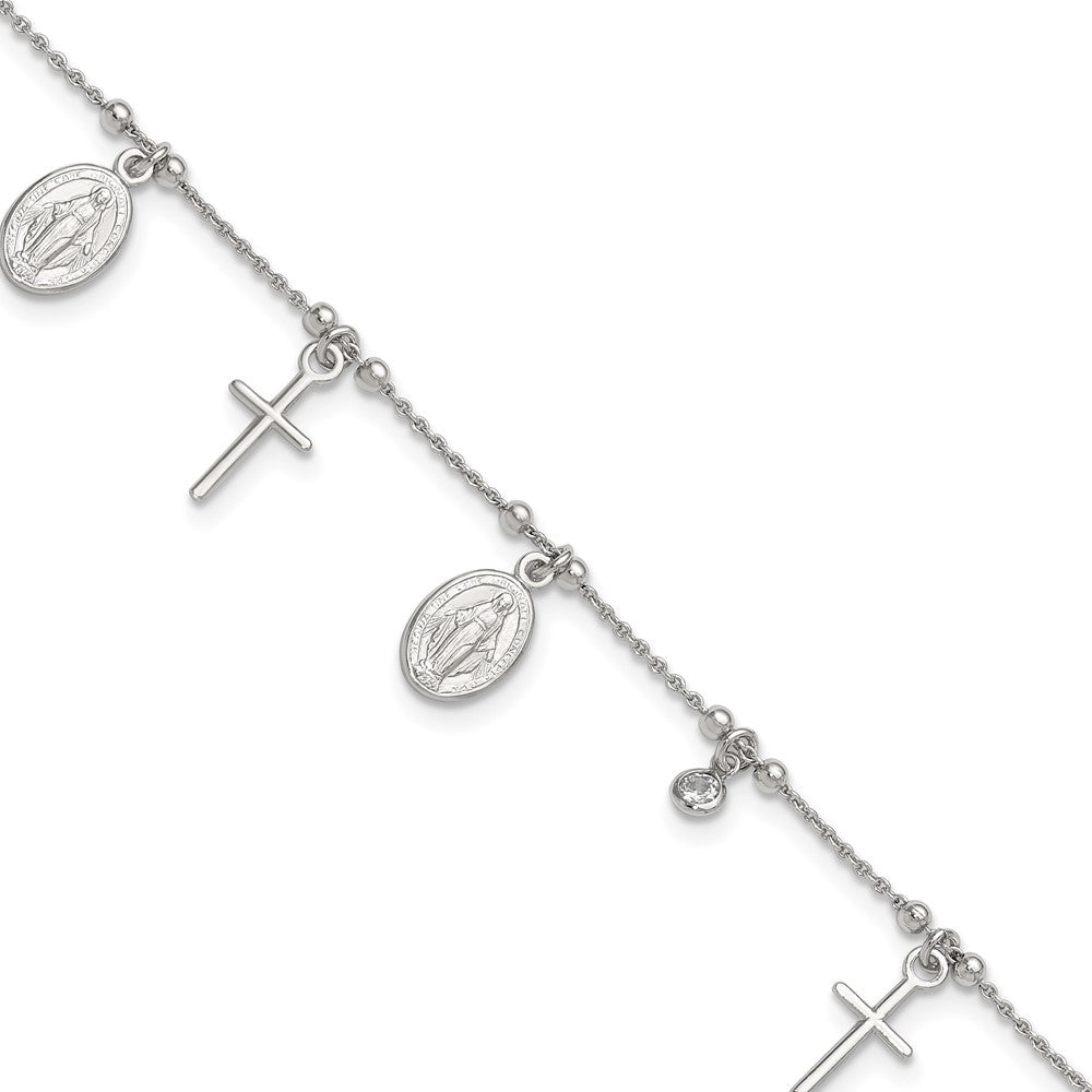 Sterling Silver Rhodium-plated CZ/Cross/Miraculous Medal 9 inch Plus 1 inch Extender - Total 10 inch Anklet