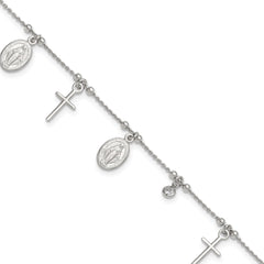 Sterling Silver Rhodium-plated CZ/Cross/Miraculous Medal 9 inch Plus 1 inch Extender - Total 10 inch Anklet