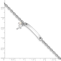 Sterling Silver RH-plated Cross Syn Pearl 6in Plus1in Ext. ID Bracelet