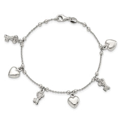 Sterling Silver Rhodium-plated Heart and Key Dangle 6.75in Bracelet