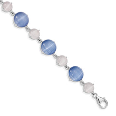Sterling Silver RH-plated Created Blue Cats Eye w/ 1in ext Bracelet
