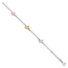 Sterling Silver Rhodium-plated Polished Multi-color Enameled Butterflies Children's Bracelet