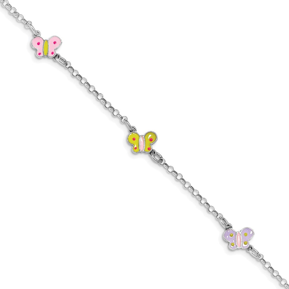 Sterling Silver Rhodium-plated Polished Multi-color Enameled Butterflies Children's Bracelet