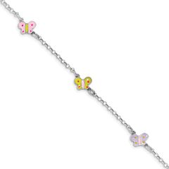 Sterling Silver Rhodium-plated Polished Multi-color Enameled Butterflies Children's Bracelet