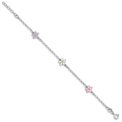 Sterling Silver RH-plated Enameled Flower w/ .75in Ext. Children's Bracelet