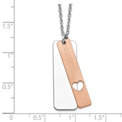 Sterling Silver RH-plated Dogtag w/Rose-tone Heart w/1.25in ext Necklace