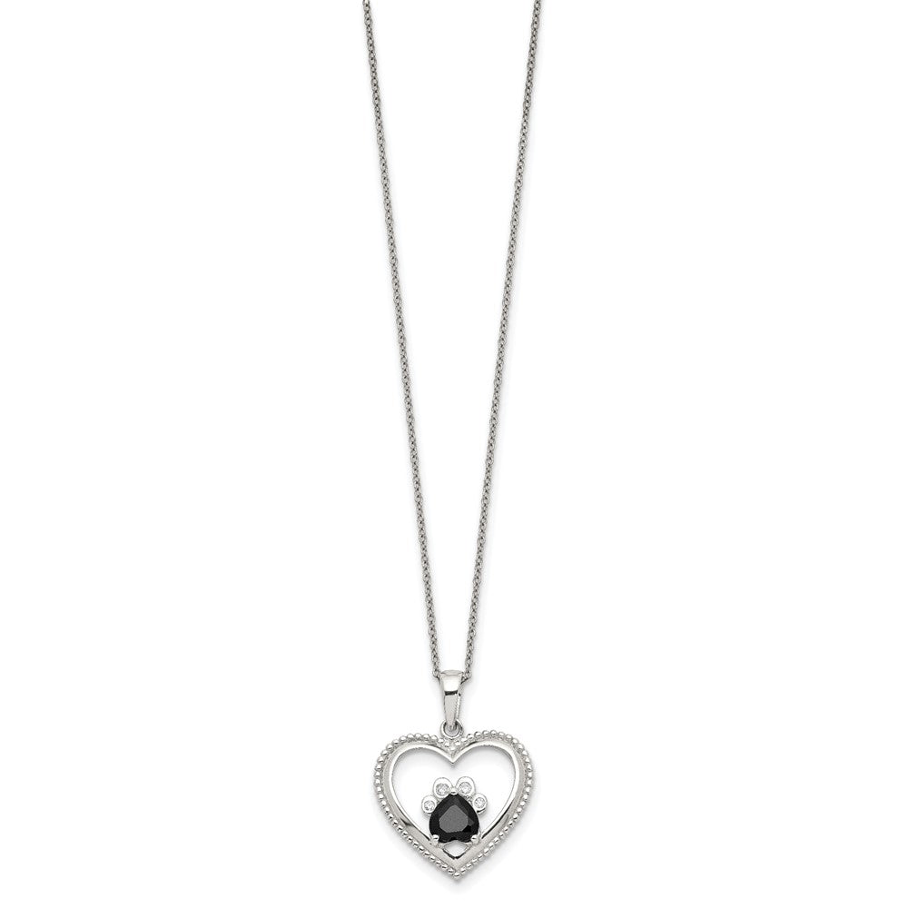 Sterling Silver Black and White CZ Heart with Paw Print 18 inch Necklace